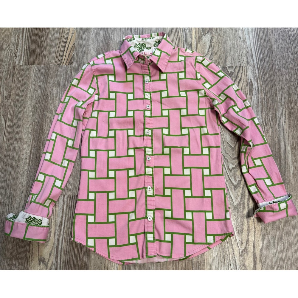 Lizzie Pink Green Trellis Pineapple Print Button Down Shirt Small